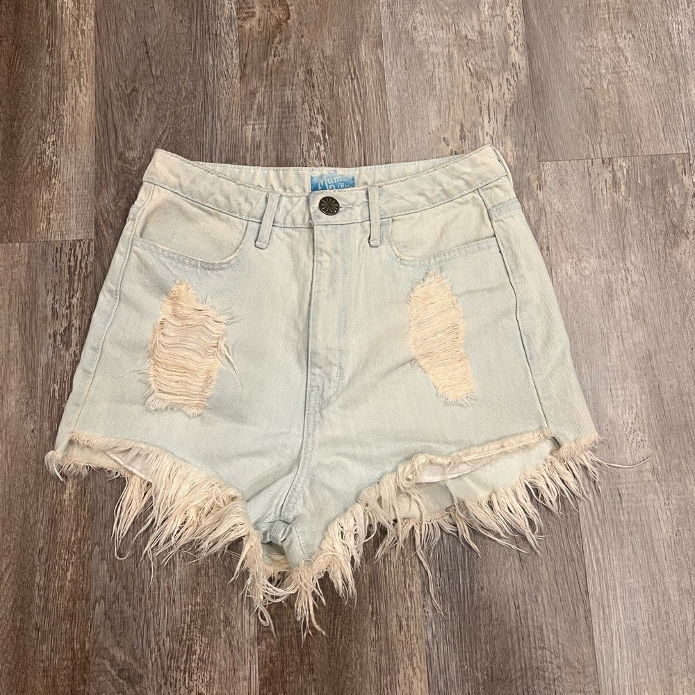 Show Me Your Mumu Blue Womens Wyoming High Waisted Shorts Fray Hem White Size 28